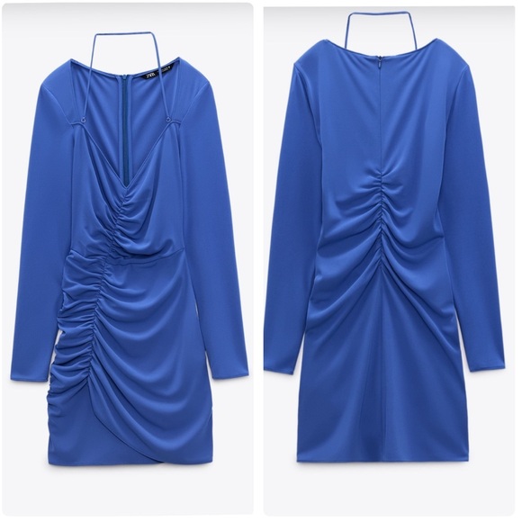 Zara Blue Draped Ruched Long Sleeve‎ Dress Size XL - Picture 4 of 12